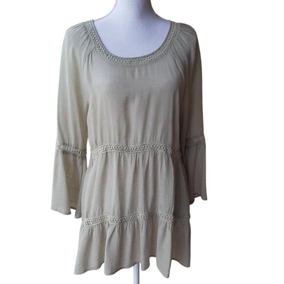 Spence Blouse Tunic Top Womens Size L Sage Green Embroidered Long Bell Sleeve - Picture 1 of 6